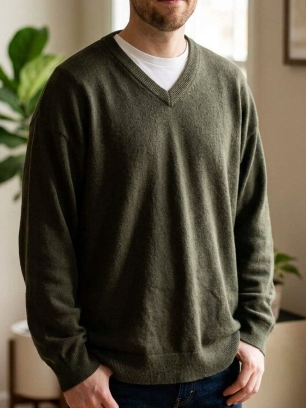 Cherokee Men's V-Neck Fleece Sweatshirt Green Pull Over Sweater Outdoors